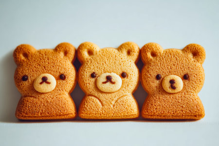 Charmingly crafted bear cookies with endearing expressions are neatly lined up, evoking a sense of...