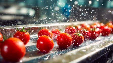 Juicy red tomatoes cascade gently beneath a chilly water stream, capturing the refreshing moment of preparation before they grace a summer dish.の写真素材