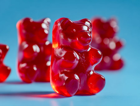 A vibrant array of sweet, chewy candy bears in various hues, arranged playfully against a striking blue backdrop, evoking joy and whimsy.の写真素材