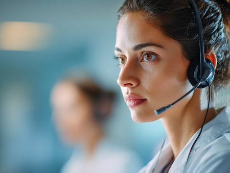 An attentive young professional uses a headset to engage with clients, surrounded by a sleek, vibrant office filled with energy and collaboration.のeditorial素材