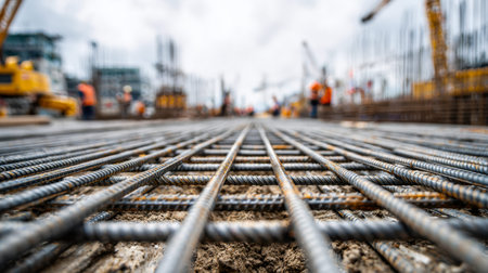 Steel rods intertwine over a sturdy concrete base, with construction activity and machinery softly...