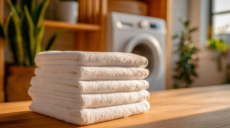 Bright natural light illuminates a tidy collection of pristine towels resting on warm wooden planks,...