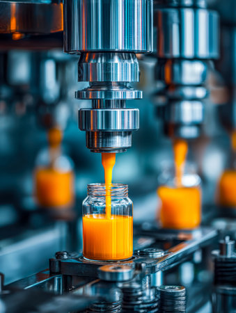 A scientist meticulously monitors a vivid orange solution in a high-tech lab, showcasing advanced...