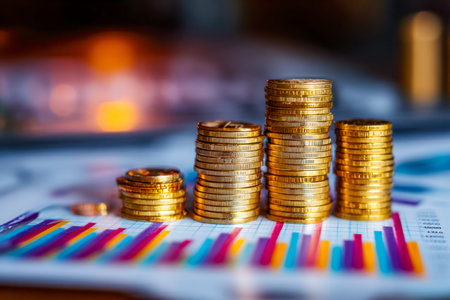 Brightly lit coins arranged in towers sit atop rising line charts, symbolizing prosperity, strategic...