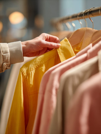 A shopper softly grasps a vibrant yellow top amid an array of gentle pastel-hued clothing, bathed in...