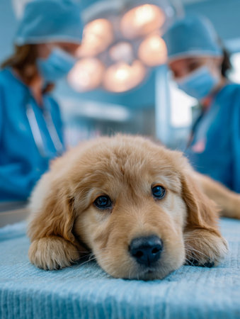 A cheerful golden retriever pup relaxes calmly on a clinical surface, as two focused veterinary professionals observe from behind in a clean, well-equipped clinic.の写真素材