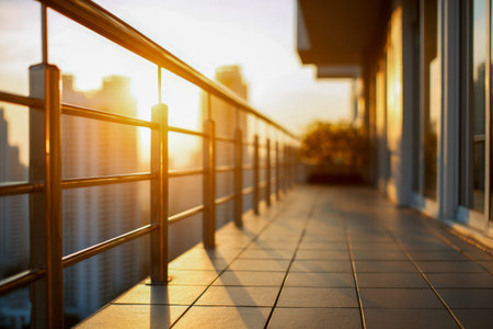 A sleek, contemporary balcony featuring patterned tiles and a minimalist metal barrier, basking in the soft glow of sunset that bathes the urban vista in tranquility.の写真素材