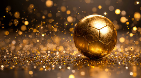 A shimmering golden football rests amidst a vibrant, glittering backdrop, creating a festive and energetic vibe perfect for sports celebration themes.の写真素材