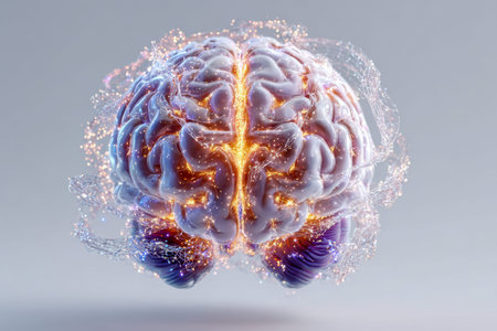 A vibrant virtual portrait showcases an intricate brain illuminated by radiant neural networks and...