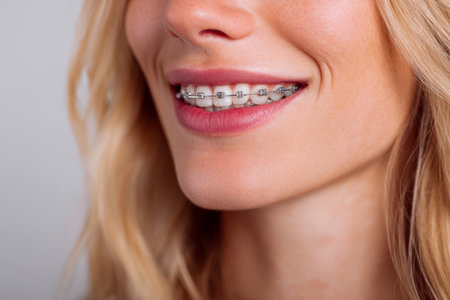 Cheerful young woman showing a bright smile with metal braces, highlighting confidence and progress in her orthodontic journey towards perfecting her dental harmony.のeditorial素材