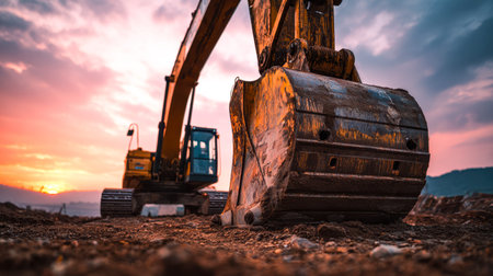 A heavy-duty excavator with a glowing sunset backdrop transforms a rugged dirt landscape into a...