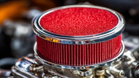 A precise close-up of a vibrant red, high-efficiency automotive intake filter, highlighting its textured surface and engineered durability for enhanced engine airflow.の写真素材