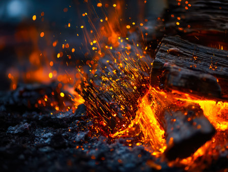 Warm, flickering light dances from crackling logs, casting a cozy glow and scattering fiery sparks...