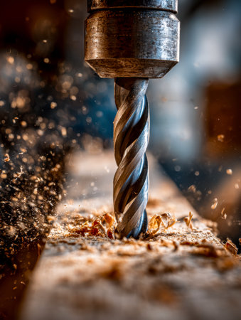 A detailed view captures a metal bit penetrating timber, sending a cascade of fine shavings and fragments into the air, highlighting craftsmanship andの写真素材