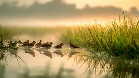 Early morning fog drapes a tranquil river as a flock of ducks and swans gather peacefully, their reflections shimmering softly in the gentle sunrise glowの写真素材