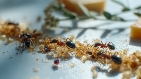 Tiny ants diligently gather scattered sugar crystals on a pale surface, showing their teamwork and...