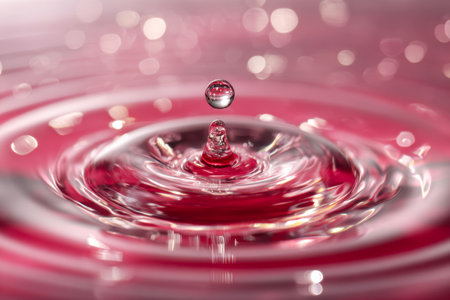 An intricate moment frozen in time, showcasing a single droplet?s impact on a vibrant pink liquid, with shimmering reflections and concentric waves illustrating fluid energy.の写真素材