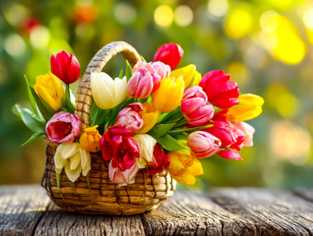 A vibrant arrangement of tulips nestled in a handcrafted woven basket, set against a textured wooden surface with a lively, multicolored blurred backdの写真素材