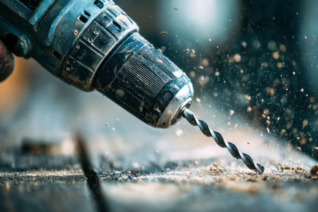 A sleek black corded drill vigorously chips away at timber, releasing fine wood particles that shimmer in the focused light during a precise construction task.の写真素材