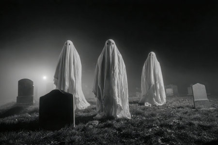 Shadows drift through a mist-shrouded graveyard as spectral figures in flowing white shrouds linger...