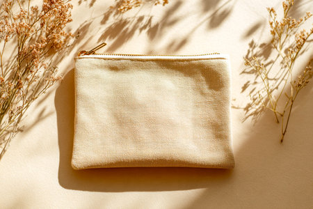 A simple beige textile purse highlighted by soft shadows and complemented by delicate dried blooms,...