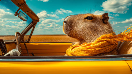 A relaxed capybara lounges in a glossy yellow convertible, cruising along a scenic route beneath a vibrant sky dotted with fluffy clouds, evoking carefree adventures.の写真素材