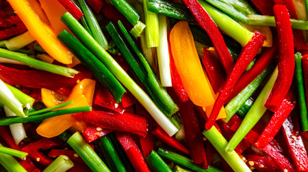 A lively display of crisp, multicolored vegetable sticks arranged in a harmonious pattern, evoking...