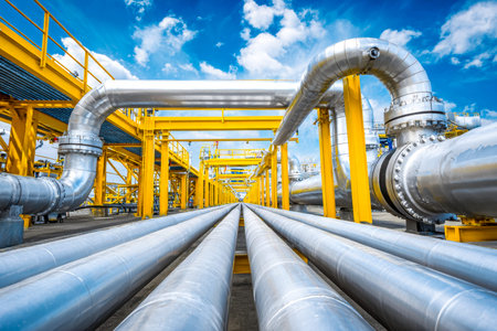 Bold yellow supports cradle a network of steel conduits stretching beneath a clear azure sky,...