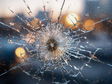Intricate fractures spread across a glass pane, capturing the chaos of sudden force, with luminous...
