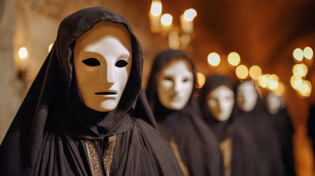 Shadowy figures in velvet hoods drift silently along a faintly illuminated path, their movements shrouded in secrecy beneath an amber glow that evokes spectral tales.の写真素材