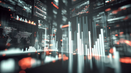 A sleek, immersive display showcasing evolving market metrics through vibrant, animated graphs in a...
