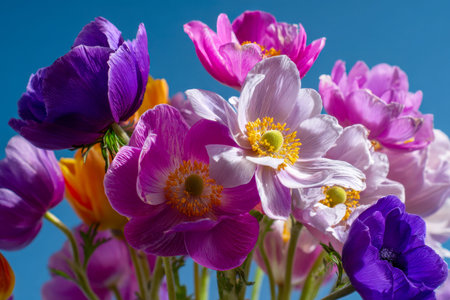 A lively arrangement of blooming anemones dazzles with petals in rich purples, soft pinks, crisp...