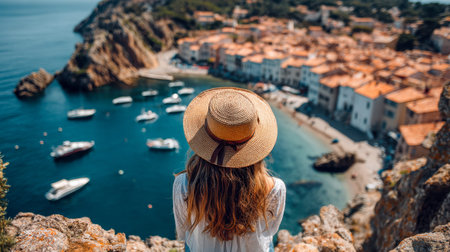 A woman wearing a wide-brimmed sun hat gazes over a scenic seaside village, capturing its colorful...