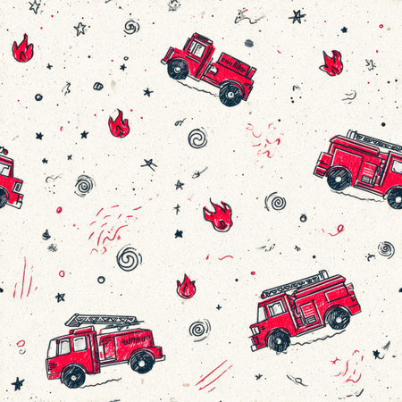 Playful cartoon firefighting vehicles dash across a vibrant, patterned backdrop engulfed in animated...