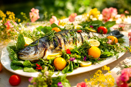 A beautifully arranged seafood dish featuring succulent grilled fish garnished with aromatic herbs and an array of vivid vegetables, artfully presented among blooming floral aの写真素材