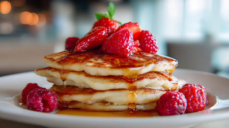 A tempting tower of golden, soft pancakes layered with ripe strawberries and raspberries, finished...