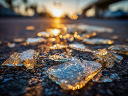 Fragments of glass glisten under the soft glow of evening light, scattered across a city street with...