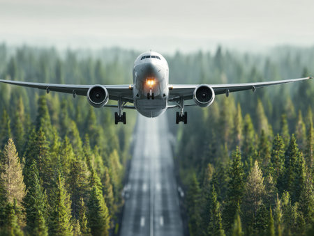 A sleek aircraft soars just above a lush, tree-lined roadway winding through vibrant countryside,...