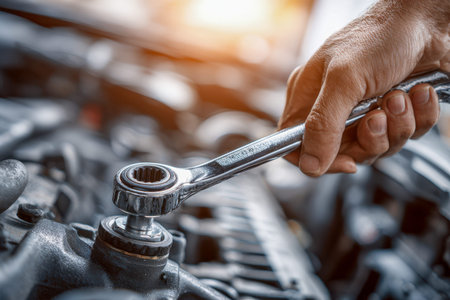 A close-up of a skilled technician gripping a wrench, tightening engine components amid vibrant...