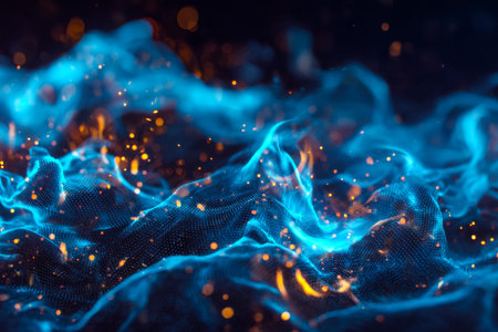 Dynamic streams of luminous currents intertwine in a vibrant display of electric blues and intense...