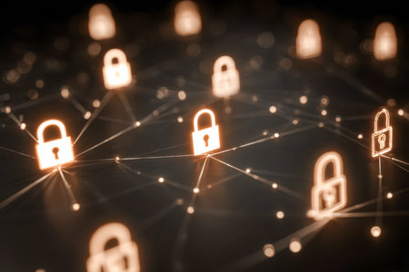 Illuminated security symbols linked by radiant pathways create a futuristic web, symbolizing robust...
