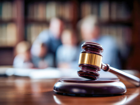 A detailed view of a judicial hammer on polished wood, symbolizing authority, with indistinct...
