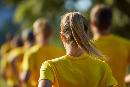 A determined young woman with a blonde ponytail guides her team across a bright, open field amid...