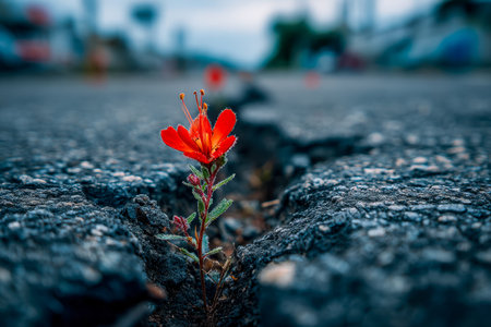 A striking scarlet bloom pushes through a weathered urban pavement, symbolizing resilience and nature's quiet strength amid city chaos.の写真素材
