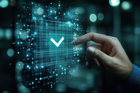 A futuristic digital interface lights up as a fingertip activates a glowing checkmark, illustrating...