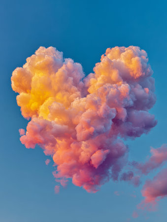 A stunning sky scene featuring a cloud in the shape of a heart, illuminated by fiery sunset hues of...