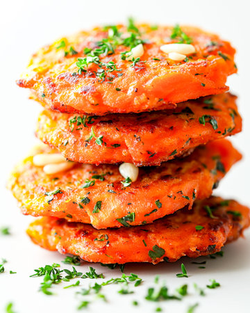 Several golden-brown salmon cakes layered with fresh herbs and toasted pine nuts create an...