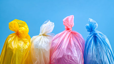 Vibrant multicolored plastic pouches gathered at the top, set against a vivid azure backdrop,...