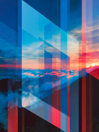 Vivid hues blend seamlessly in a surreal sky, while sharp shapes add a modern twist, ideal for...