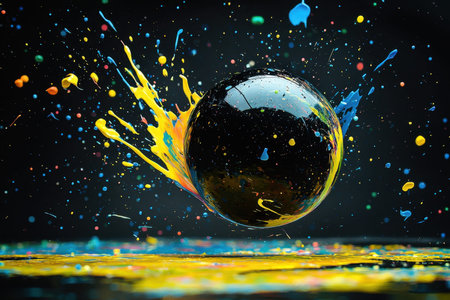 Vibrant paint streaks burst around a glossy black globe, creating a dynamic contrast that evokes...